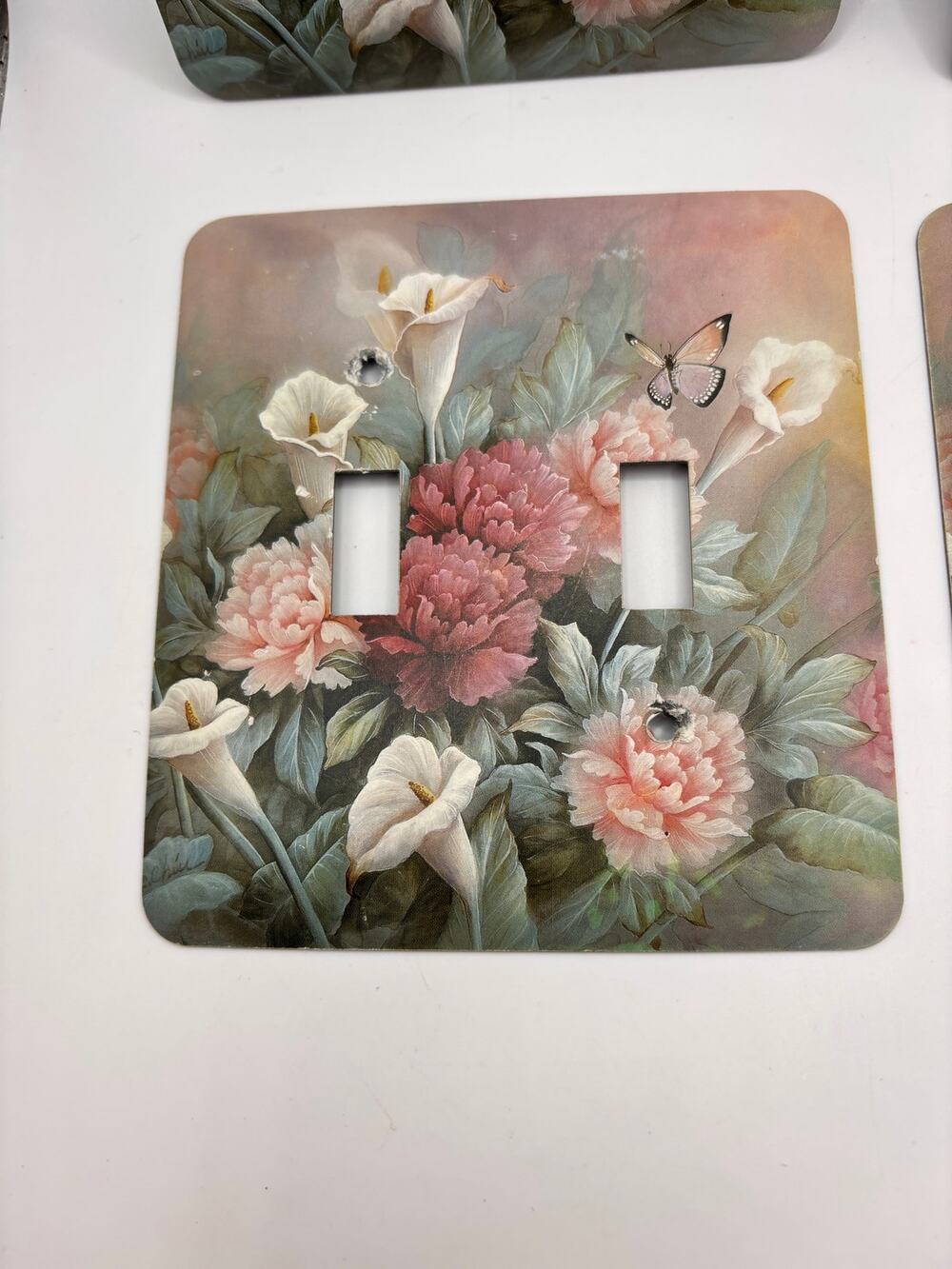 Lillies Peonies Floral Cottagecore Green Pink double toggle light switch plate
